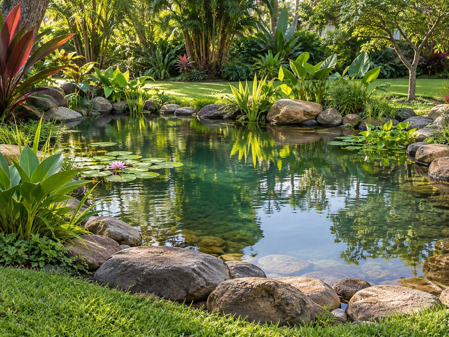 Lago com ninféias em jardim tropical com palmeiras