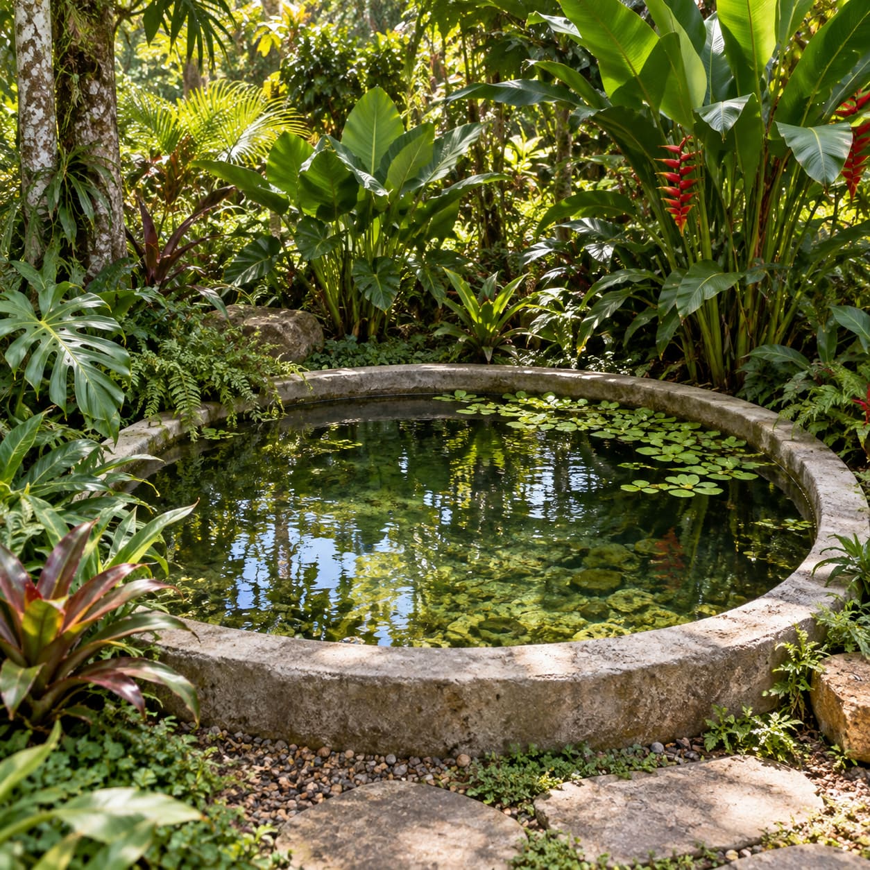 Lago circular com borda de pedra em meio às plantas
