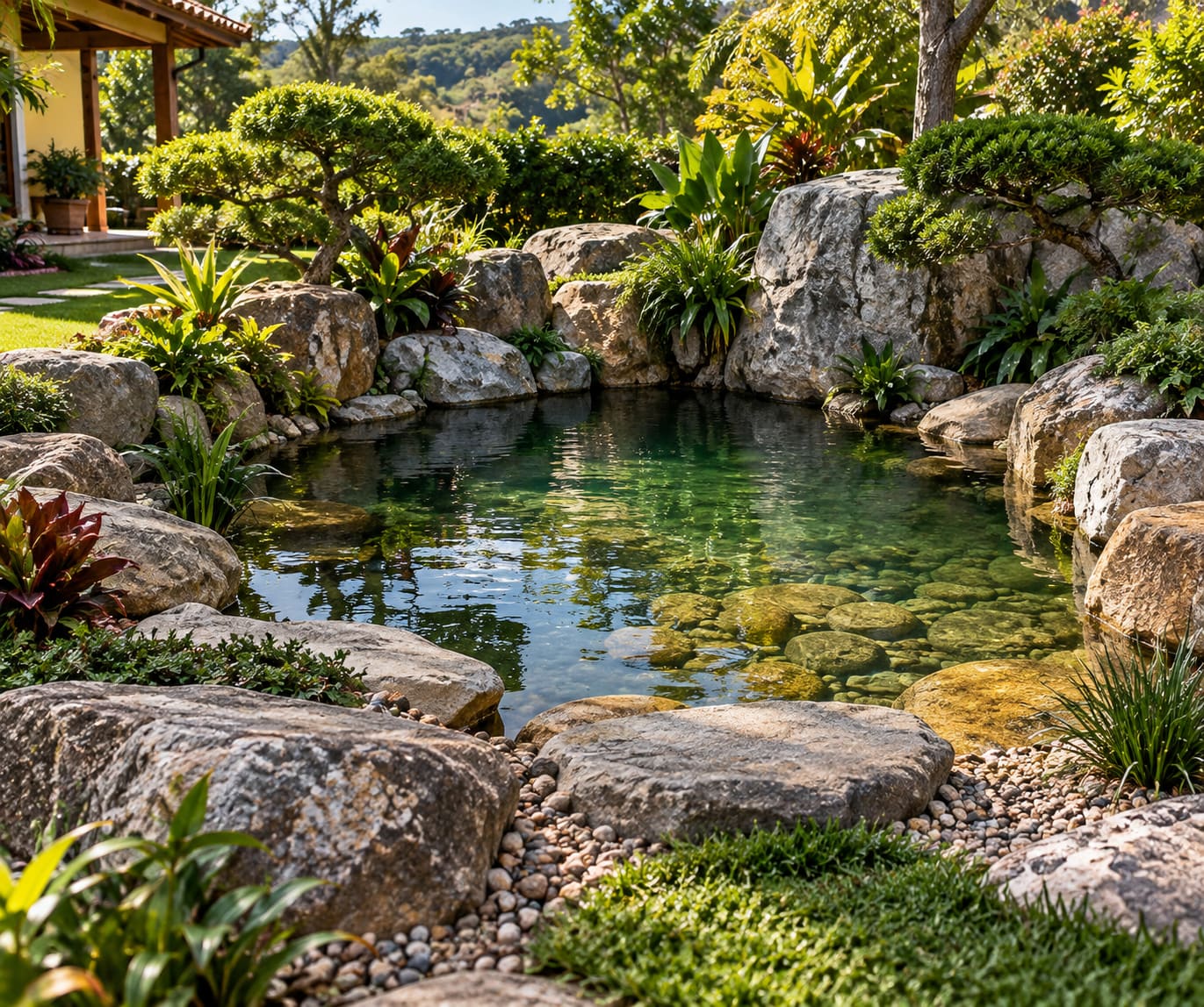 Cascata entre pedras e plantas podadas em jardim