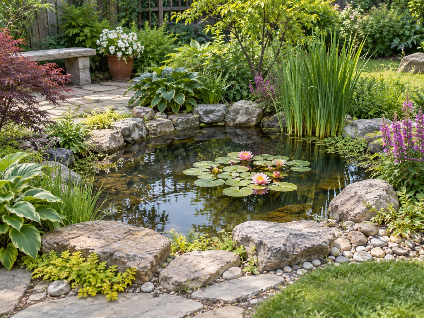 Lago ornamental com ninféias cor-de-rosa e cascata de pedra