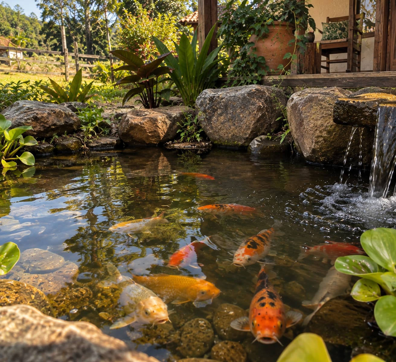Cardume de carpas ornamentais em lago com borda de pedras