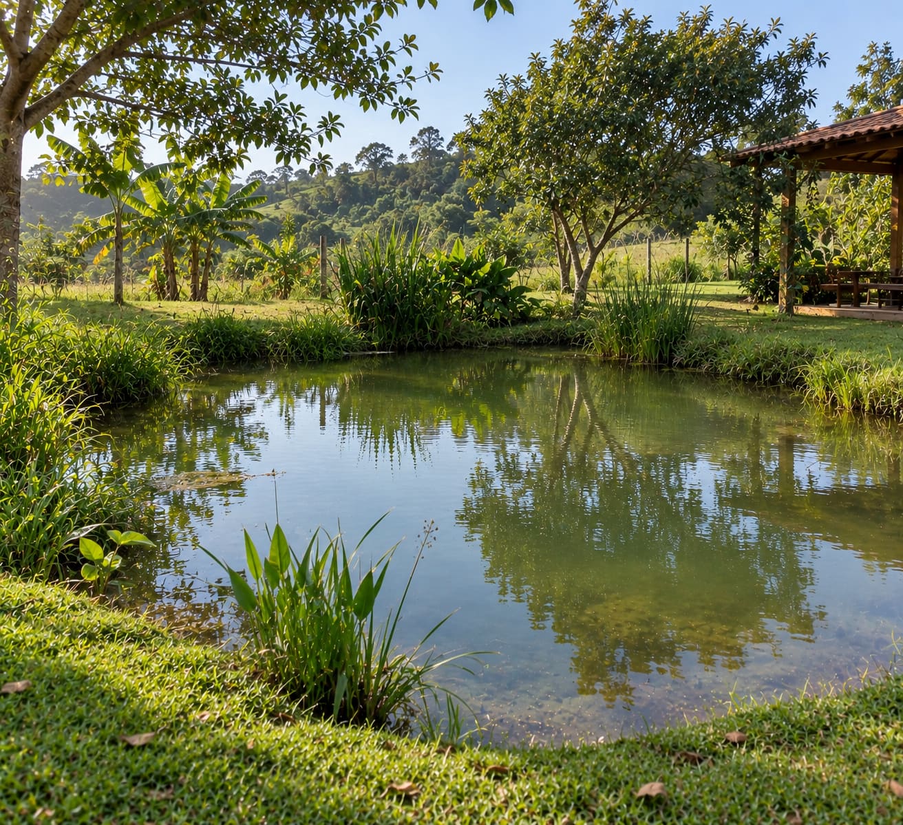 Lago natural com píer de madeira cercado por vegetação ao pôr do sol