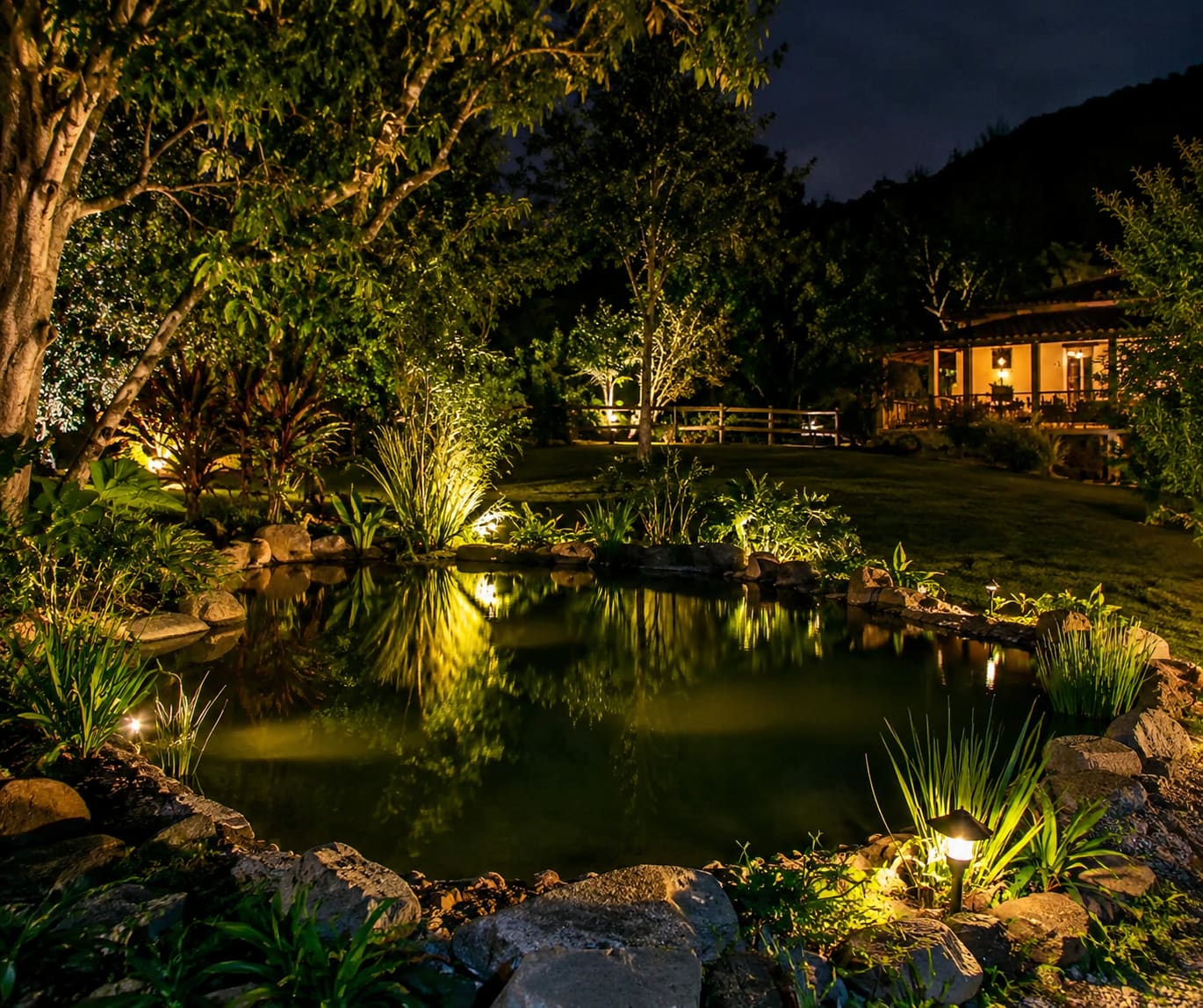 Lago em propriedade rural com celeiro e campo ao fundo