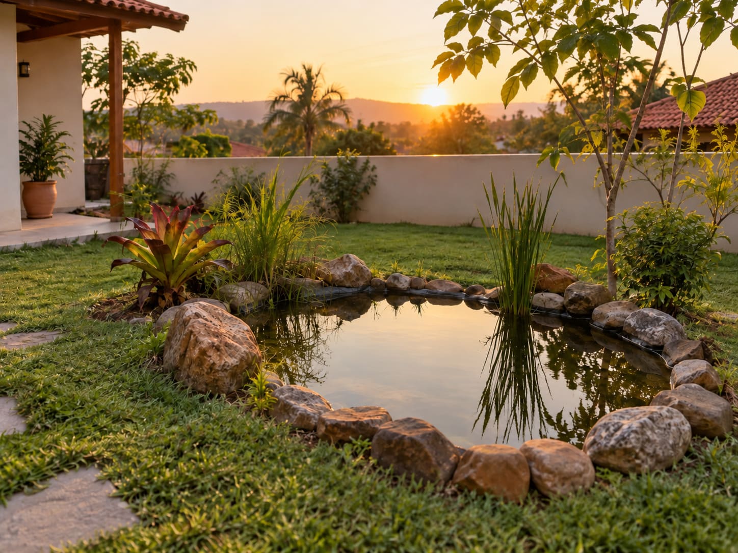 Lago pequeno com borda de pedras em quintal residencial