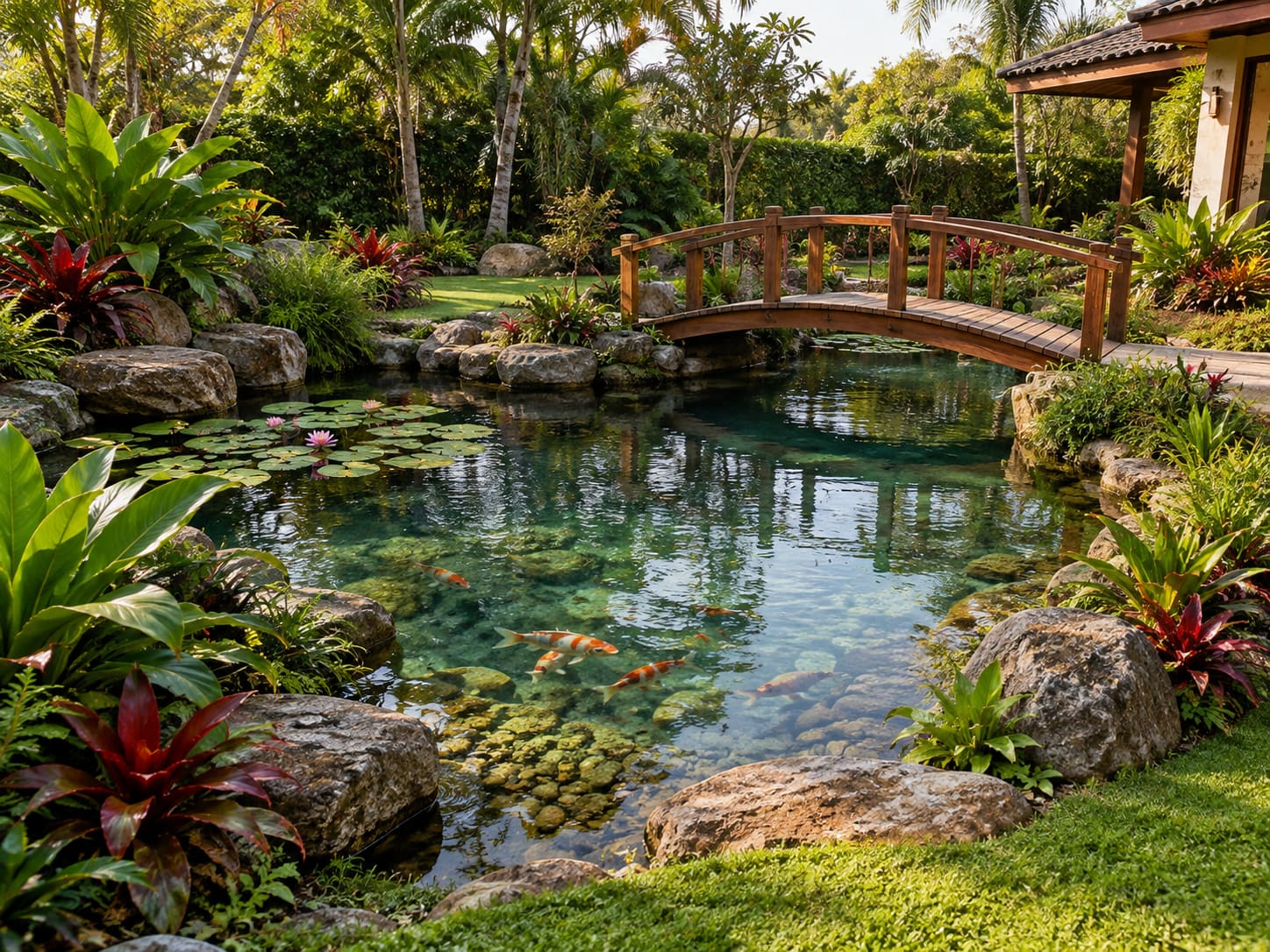 Lago com ponte de madeira em jardim de inspiração japonesa