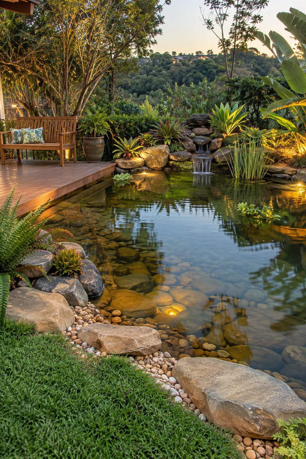Lago em campo aberto visto da sombra de uma árvore