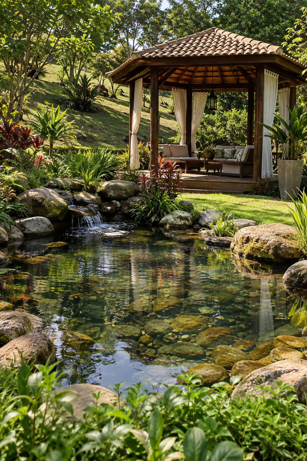 Lago ao lado de gazebo cercado por folhagens
