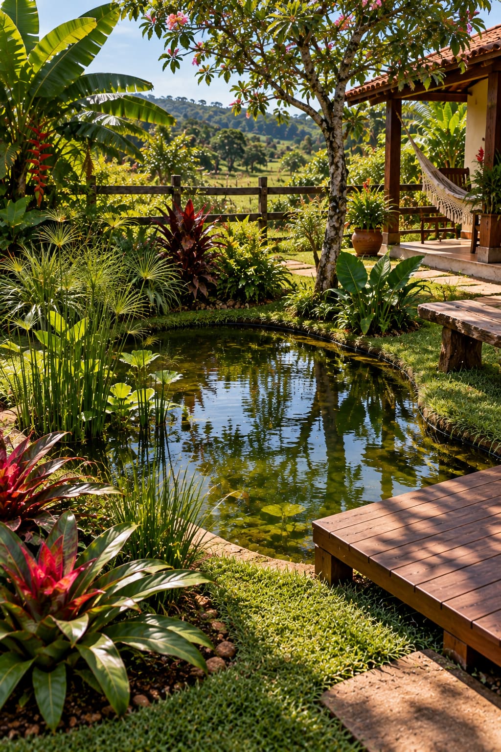 Lago com cascata e gazebo em jardim amplo